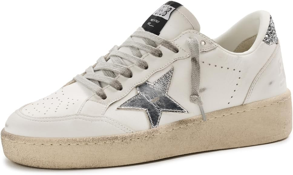 Golden Goose Women's Ballstar 2 Leather Upper and Spur Laminated Star Glitter Heel Sneakers | Amazon (US)