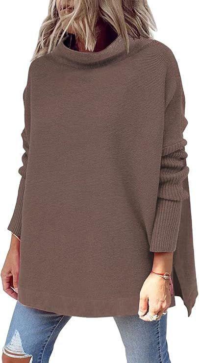 LILLUSORY Women's Mock Turtleneck Casual Oversized Sweater Long Batwing Sleeve Spilt Hem Ribbed K... | Amazon (US)