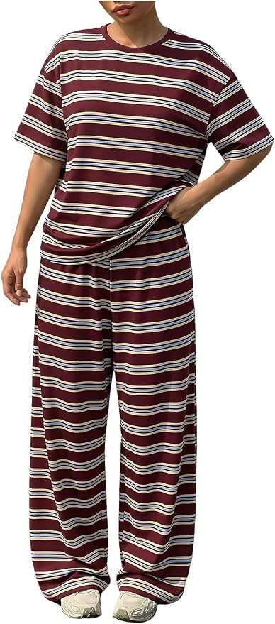 SOLY HUX Women's 2 Piece Striped Lounge Set Short Sleeve T Shirt Tops and Wide Leg Pants Summer A... | Amazon (US)