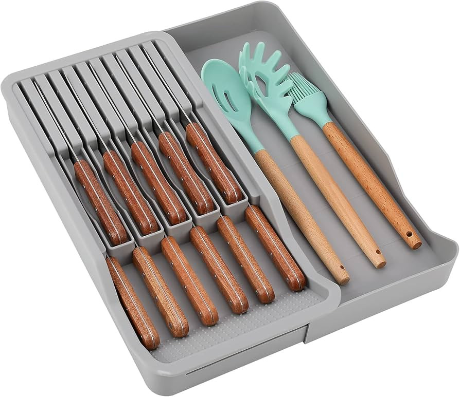 In Drawer Knife Organizer, 2 Tier Kitchen Knife Drawer Holder Insert with Expandable Storage Tray... | Amazon (US)