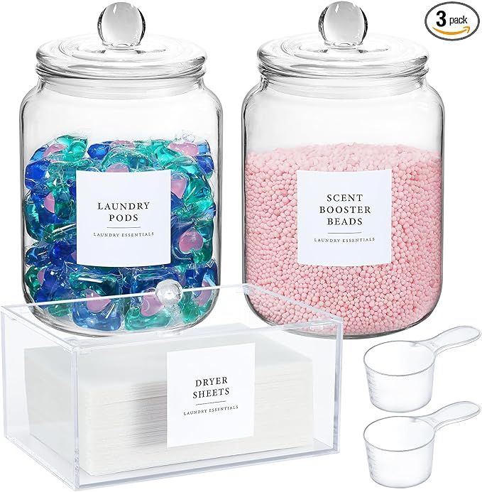 Glass Jars and Dryer Sheet Holder, Dispenser Set with Lids and Labels, Containers for Laundry Roo... | Amazon (US)