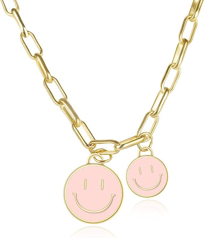 YeGieonr Smiley Face Necklace,2 Good Luck Happy Face Pendant, Gold Paperclip Chain Smiley Face Ch... | Amazon (US)