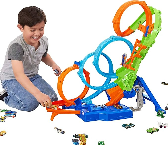 Hot Wheels Track Set with 4 Loops, 3-Way Crash Zone & Motorized Booster, Folds for Storage, with ... | Amazon (US)