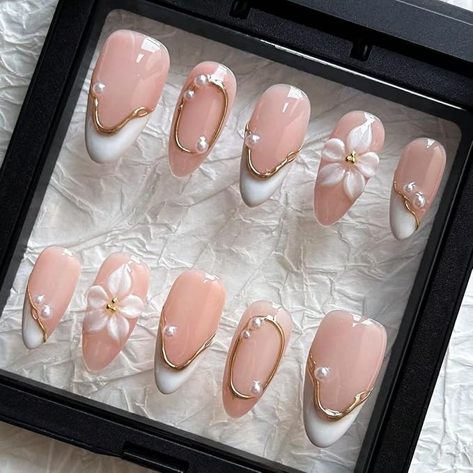 Spring Press On Nails MAGLFELL Handmade Almond Fake Nails, 3D Carving Floral and Pearl Design,10 ... | Amazon (US)