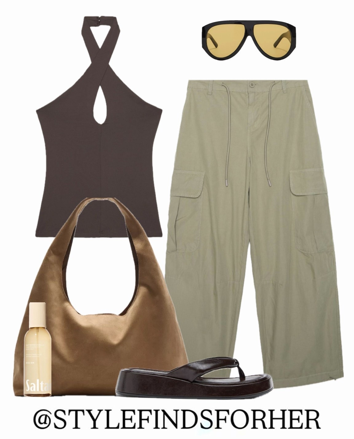Cool girl casual 👌🏼 Green cargo trousers, platform flip flops, oversized sunglasses, suede handbag and brown halter neck top.

#LTKMidsize #LTKootd #LTKSeasonal