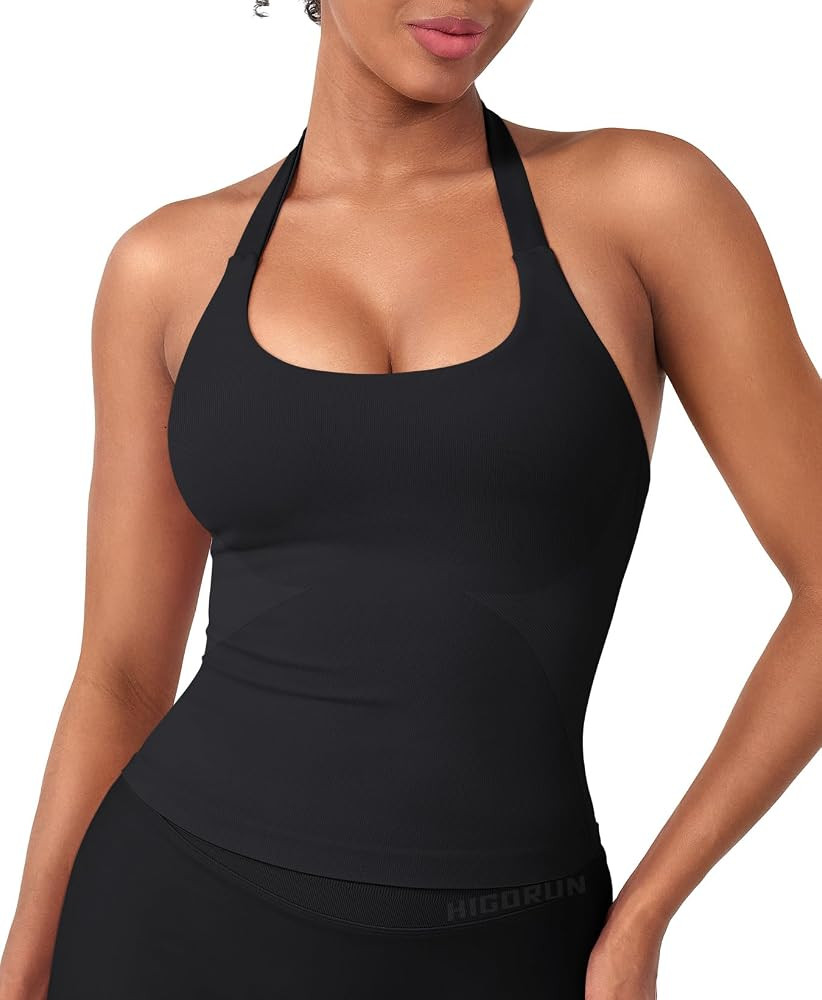 HIGORUN Women Halter Impact Tank Tops with Built in Bras Longline Crop Top | Amazon (US)