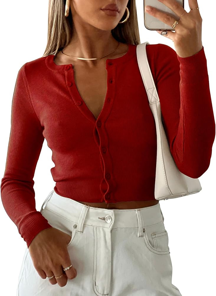 Cardigan Sweaters for Women Crew Neck Cropped Sweater Tops Dressy Casual Long Sleeve Shirts | Amazon (US)
