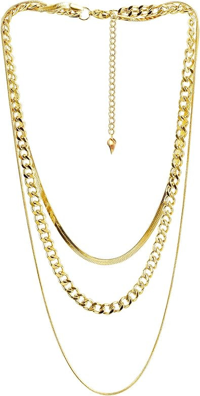 Léwind Herringbone Chain Layered Necklace, 18K Gold/Silver Plated Snake Chain Long Choker Necklace D | Amazon (US)