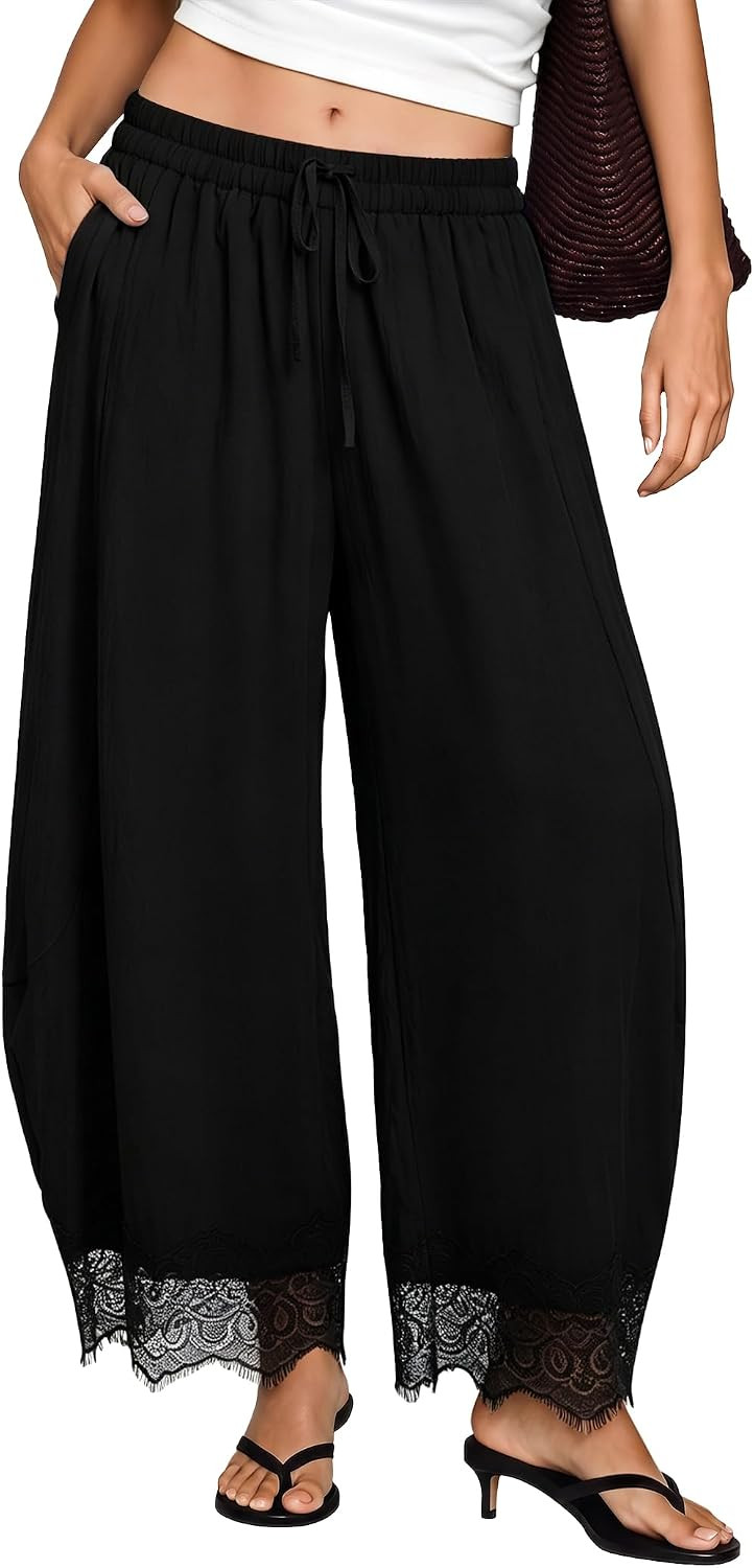 Lace Pants for Women Summer Casual Cropped Drawstring Waist Balloon Pants Lightweight Wide Leg Beach Trousers | Amazon (US)