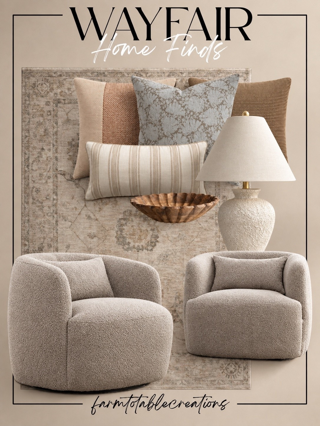 Wayfair Cozy Neutral Finds 🤎

Soft, cozy, and effortlessly elevated! These Wayfair finds are perfect for creating a warm neutral space with plenty of texture. The plush swivel chairs paired with a faded vintage-inspired rug create such a beautiful foundation, while the layered pillows bring in subtle shades of cream, taupe, blush, and soft blue.

The textured lamp and carved wood bowl add those finishing details that make a room feel collected rather than overly styled. I love this combination for a cozy living room, bedroom sitting area, or reading nook!

Follow @farmtotablecreations on Instagram for more cozy home finds and trending decor.

#LTKHome #Wayfair #WayfairFinds #WayfairHome #WayfairStyle #NeutralHome #CozyHome #LivingRoomInspo #CozyDecor #WarmNeutrals #DesignerInspired #HomeDecor #HomeInspo #ReadingNook #LTKFinds

#LTKHome #LTKSaleAlert