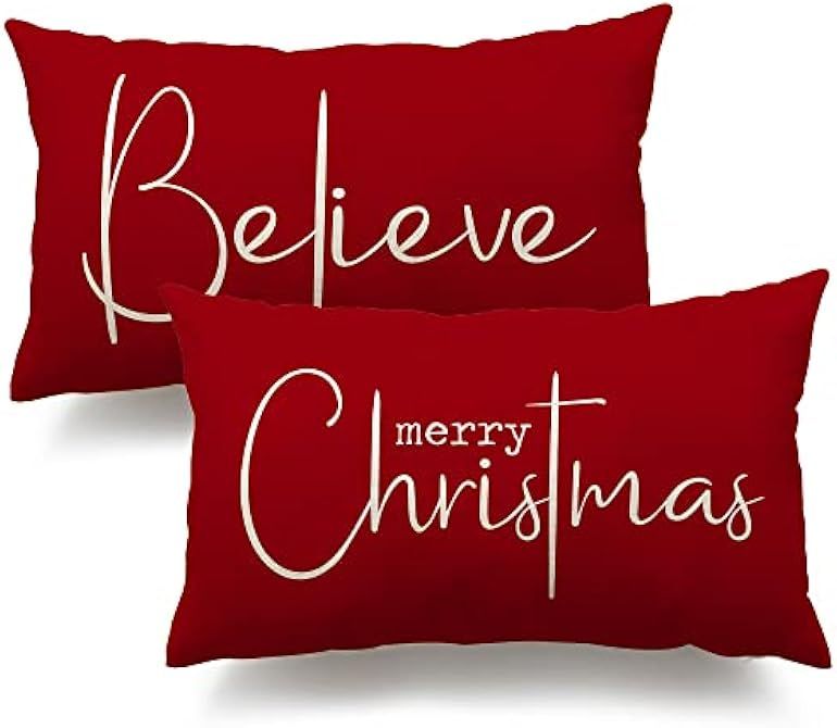 Christmas Throw Pillow Covers 12x20 Inch Set of 2 Merry Christmas Farmhouse Decorations Believe Holi | Amazon (US)