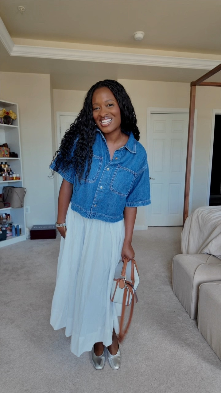 Toddler mom outfit | denim crop button down | white flowy skirt | ballet flats outfit 

#LTKootd #LTKmomlife #LTKgrwm