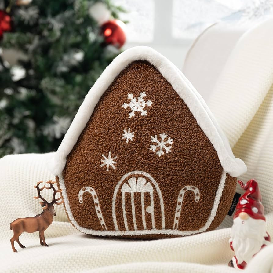 Phantoscope Gingerbread House Merry Christmas Throw Pillow, Plush Faux Rabbit Fur Roof Embroidered T | Amazon (US)