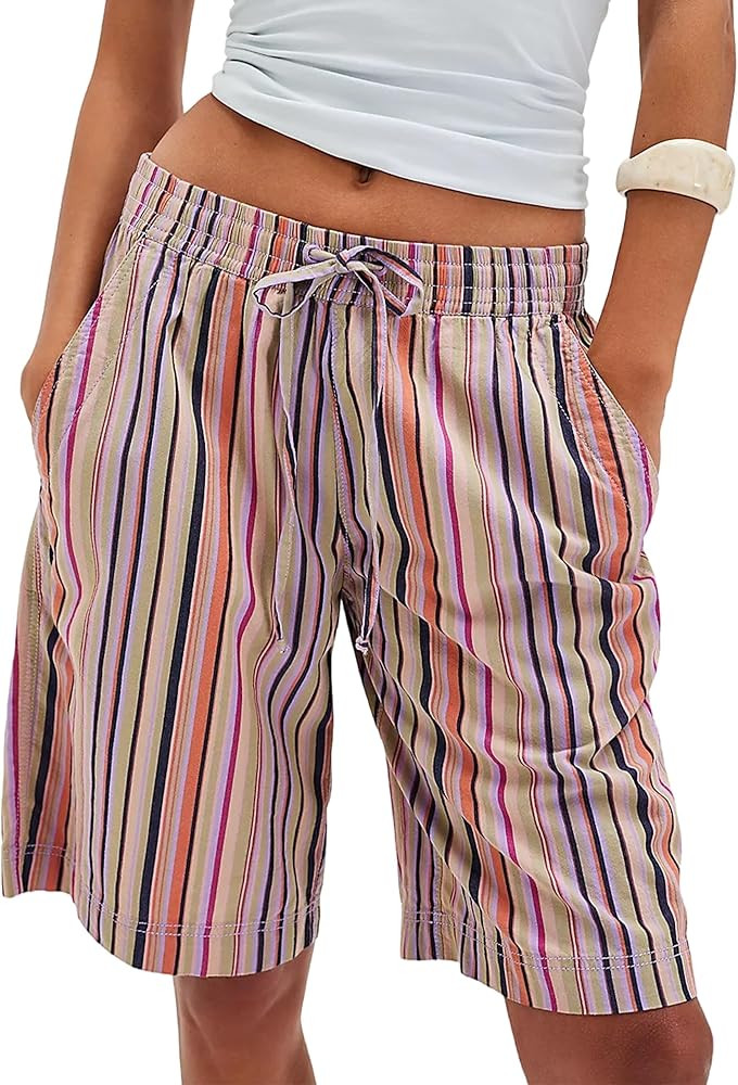 MISSACTIVER Women Stripe Bermuda Shorts Knee-Length Drawstring Elastic Waist Wide Leg Baggy Short... | Amazon (US)