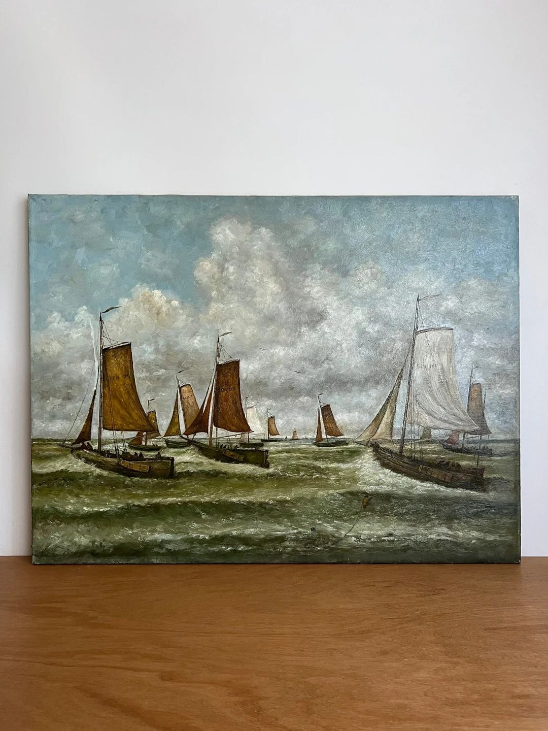 Shabby Dutch oil painting, cloudy seascape with sailboats sailing ships, seafaring boats, marine ... | Etsy (US)