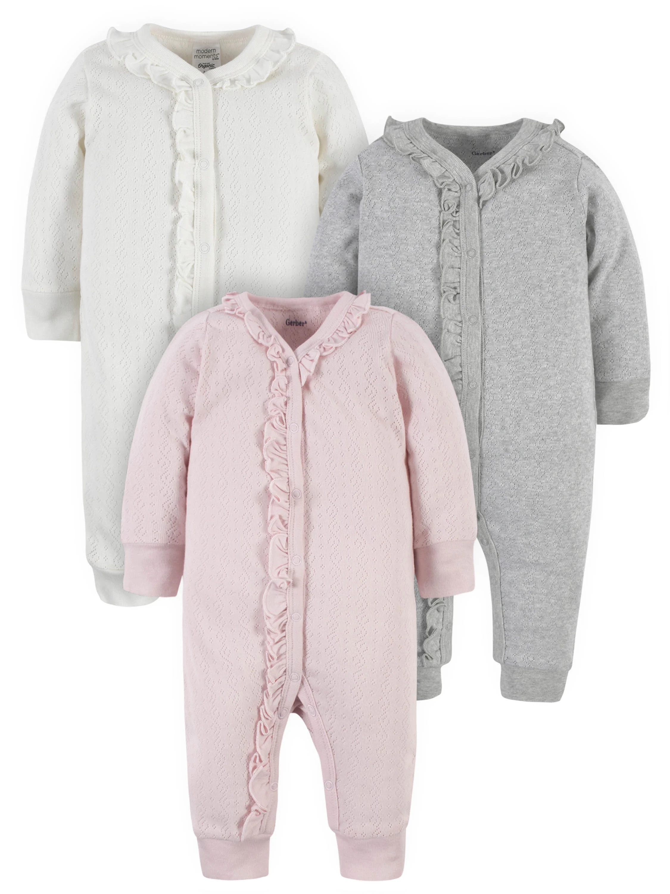 Modern Moments by Gerber Baby Girls’ Solid Pointelle Ruffle Coveralls, 3-Pack, Sizes Newborn-12... | Walmart (US)