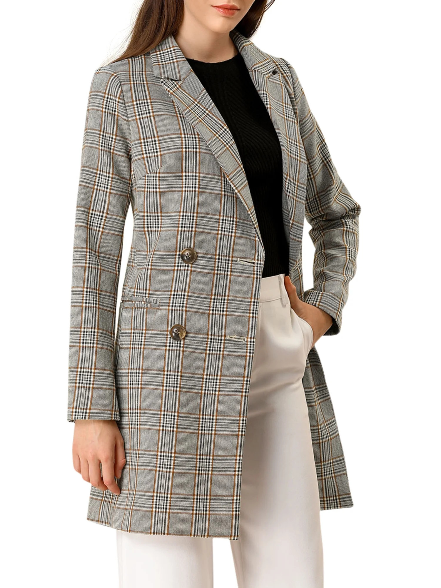 Allegra K Women's Double Breasted Plaid Blazer Outwear Wales Checks Long Jacket Coat (Size XL / 1... | Walmart (US)