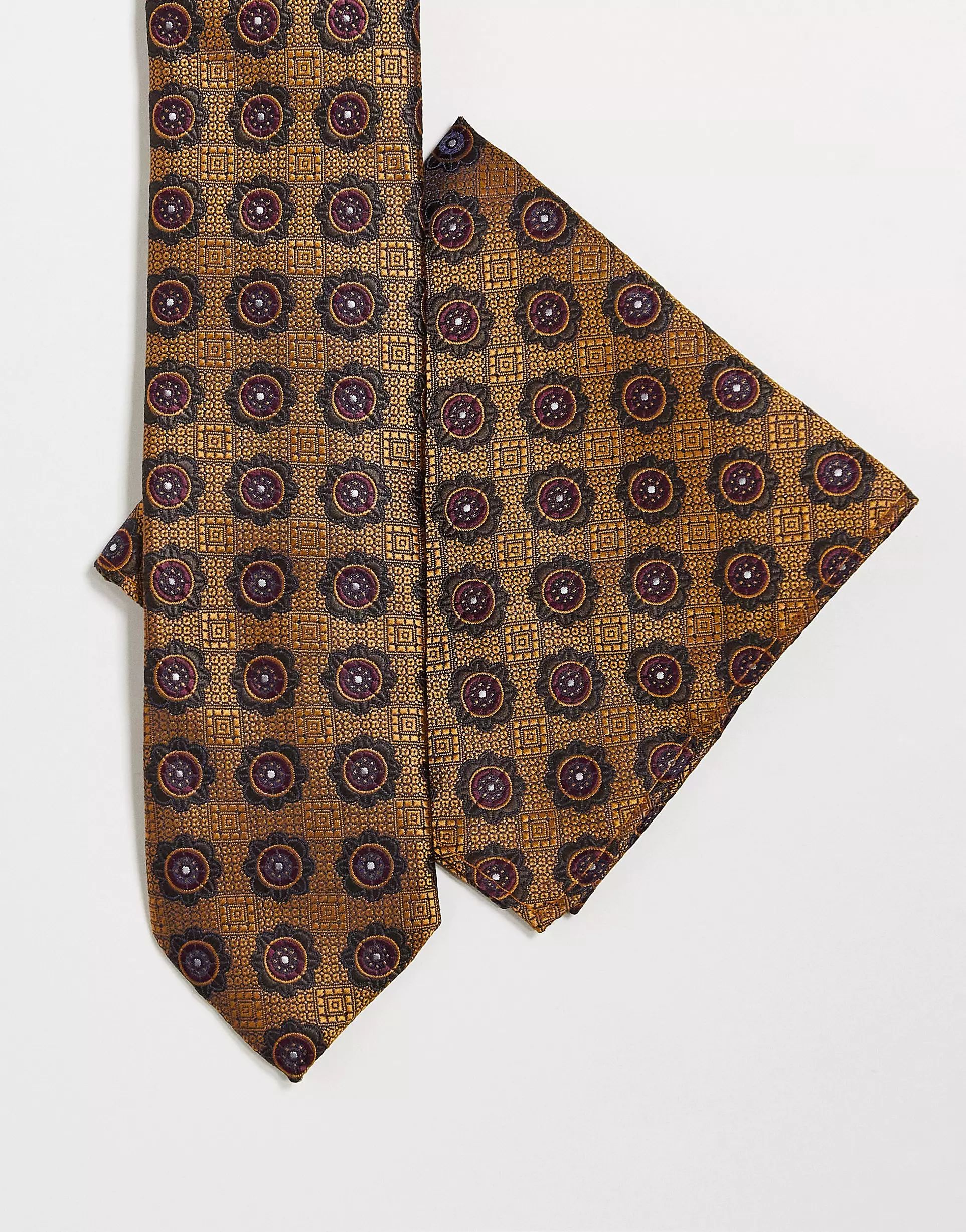 Twisted Tailor tie and pocket square set in mustard with mosaic design | ASOS (Global)