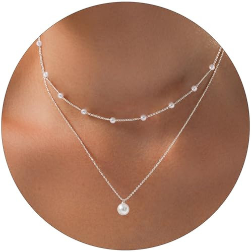 Partm Pearl Necklace for Women Trendy Layered 925 Silver Plated Dainty Pearl Pendant Choker Set Handmade Pearls Strand Silver Necklace Stack Simple Cute Jewelry Gifts for Women | Amazon (US)