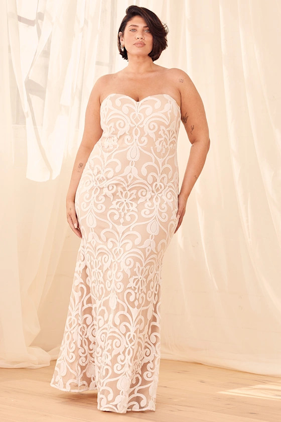 Art of Romance Beige and White Embroidered Strapless Maxi Dress | Lulus (US)