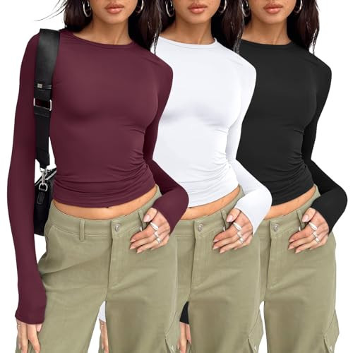 AUTOMET 3-Pack Women's Long Sleeve Crop Tops - Basic Fitted T-Shirts Set Black White WineRed M | Amazon (US)