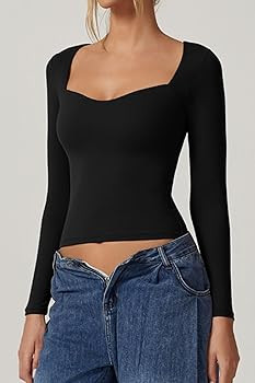 QINSEN Womens Slimming Fit Sweetheart Neck Long Sleeve Basic Crop Tops Stretch Going Out Tee Shir... | Amazon (US)