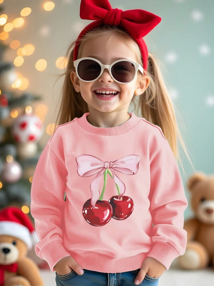 SHEIN Cute Cherry Print Casual Loose Fit Crew Neck Comfy Thick Knit Long Sleeve Pullover Sweatshi... | SHEIN