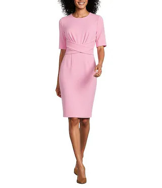 Wrapped Bodice Scoop Neck Short Sleeve Sheath Midi Dress | Dillard's