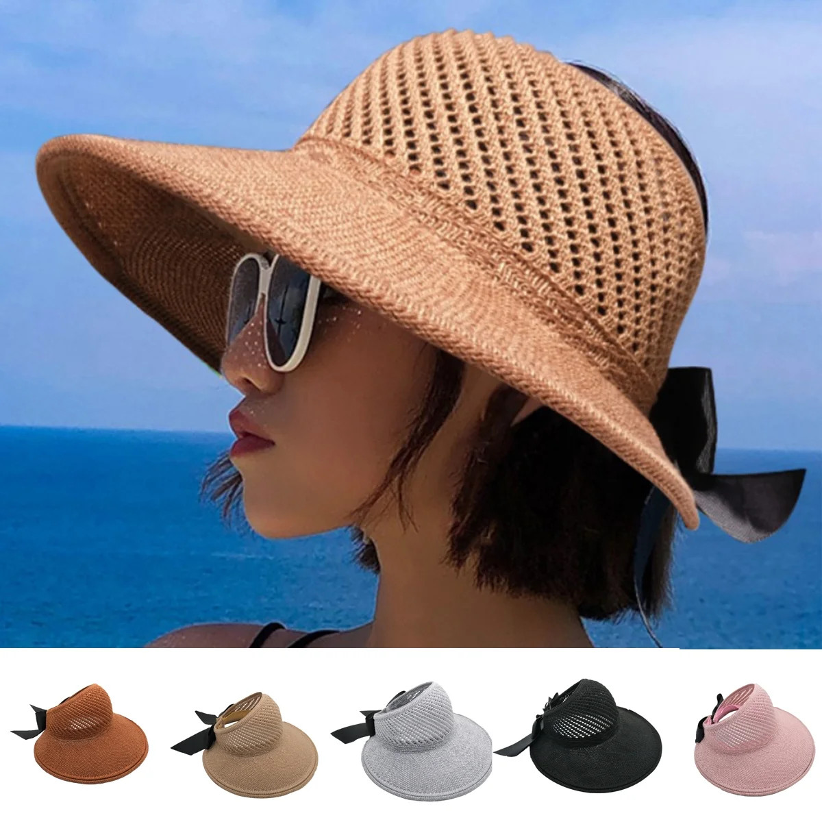 Travelwant Foldable Wide Brim Straw Hats Sun Visors for Women, Bow Beach Hat Summer - Walmart.com | Walmart (US)