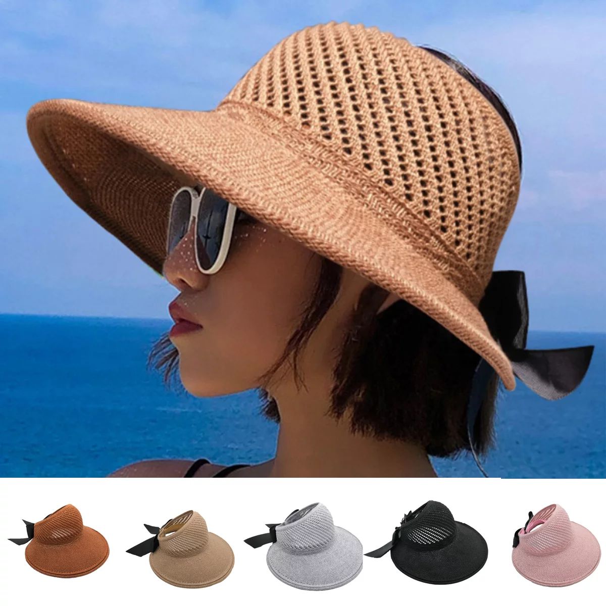 Travelwant Foldable Wide Brim Straw Hats Sun Visors for Women, Bow Beach Hat Summer - Walmart.com | Walmart (US)