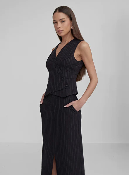 Navy Pinstripe Asymmetric Waistcoat- Ruth | 4th & Reckless