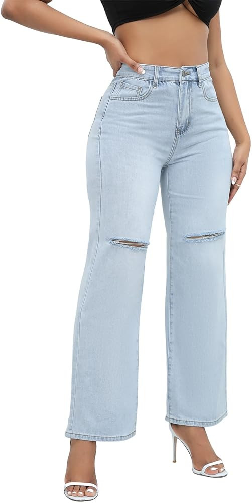 Aodrusa Ripped Wide Leg Jeans for Women Mom Baggy Straight Leg Stretchy Boyfriend Trendy Trouser ... | Amazon (US)