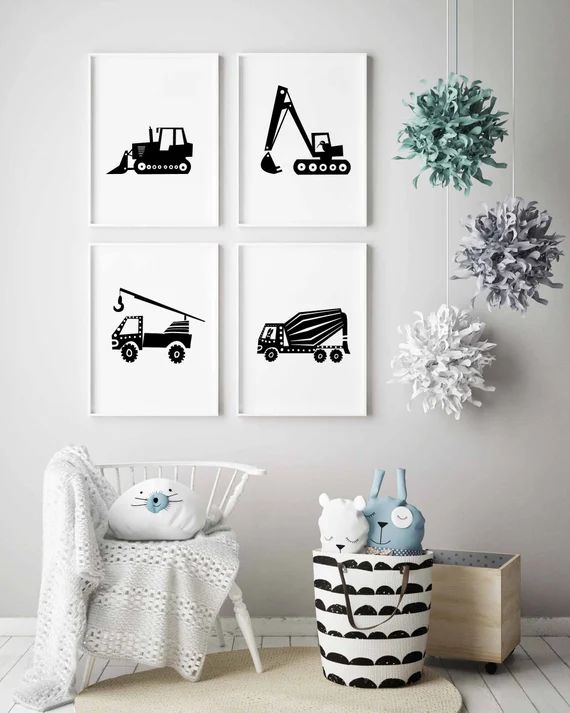 Set of 4 Black and White Construction Truck Prints for Boy Nursery Decor, Transportation Wall Art... | Etsy (US)
