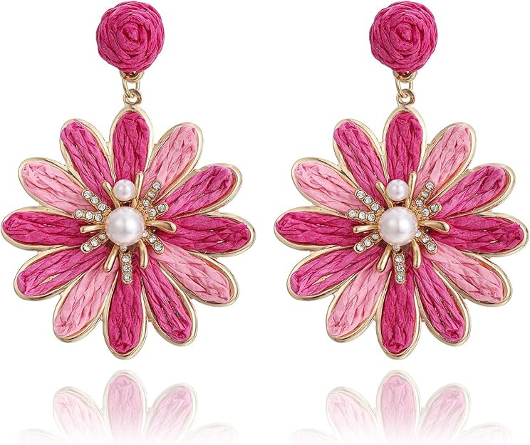 Boho Raffia Flower Earrings for Women – Lightweight Dangle Jewelry, Summer Beach Vacation Acces... | Amazon (US)