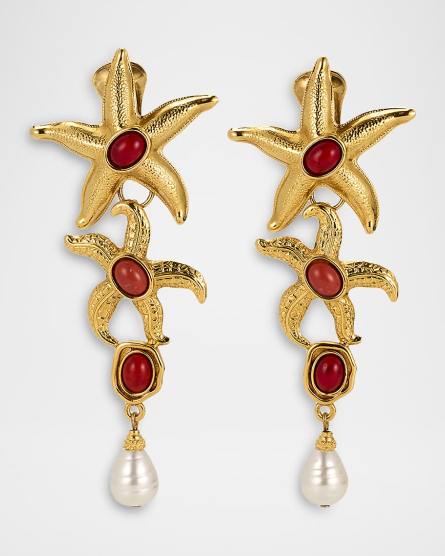 Starfish Clip On Earrings with Pearly Drops and Coral Stones | Neiman Marcus