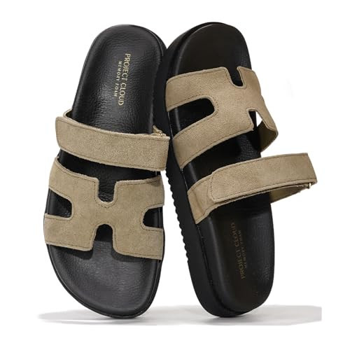 Project Cloud 100% Genuine Leather Womens Sandals - Stylish & Comfy Sandals for Women Footwear with Plush & Soft Insole - Slip-Resistant Slides for Women (Mayvy,LTTAUP, 9) Light Taupe | Amazon (US)