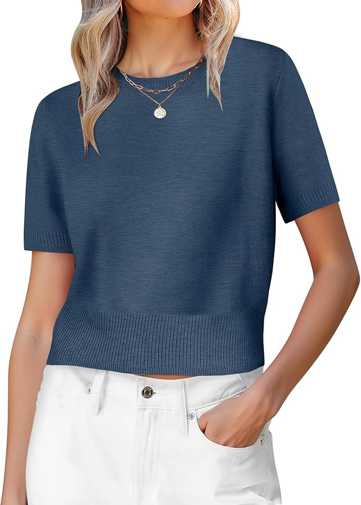 ANRABESS Womens Short Sleeve Sweaters Cropped Crew Neck Business Casual Lightweight Sweater Tops ... | Amazon (US)