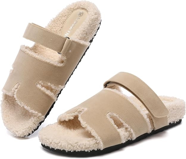 Slippers for Women Adjustable House Slippers Faux Shearling Fuzzy Slide Sandals with Cozy Lined, ... | Amazon (US)