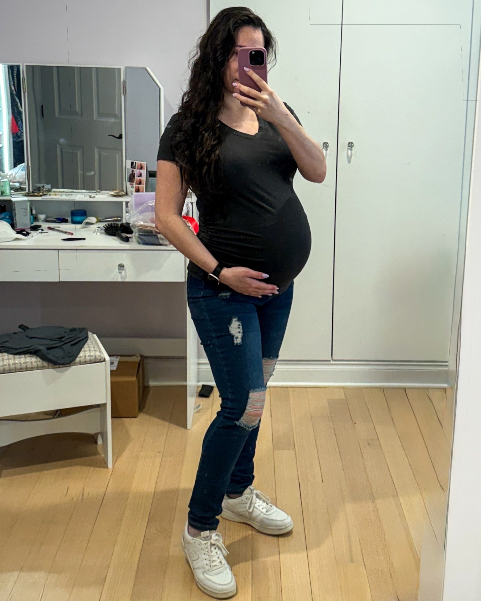 Another comfy and casual spring maternity outfit. Ripped dark wash jeans and a dark gray tee shirt. 

#LTKBump #LTKootd #LTKmomlife