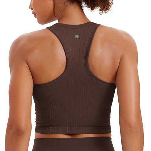 CRZ YOGA Seamless Ribbed High Neck Crop Tank Tops for Women - Longline Racerback Padded Sports Bras Hot Fudge Brown Small | Amazon (US)