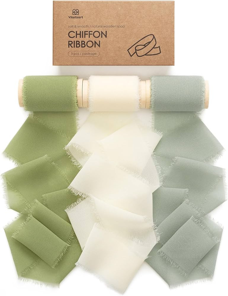 Vitalizart Green & Cream Chiffon Ribbon 2" x 15 Yd Silk Like Handmade Frayed Edges Fringe for Wed... | Amazon (US)