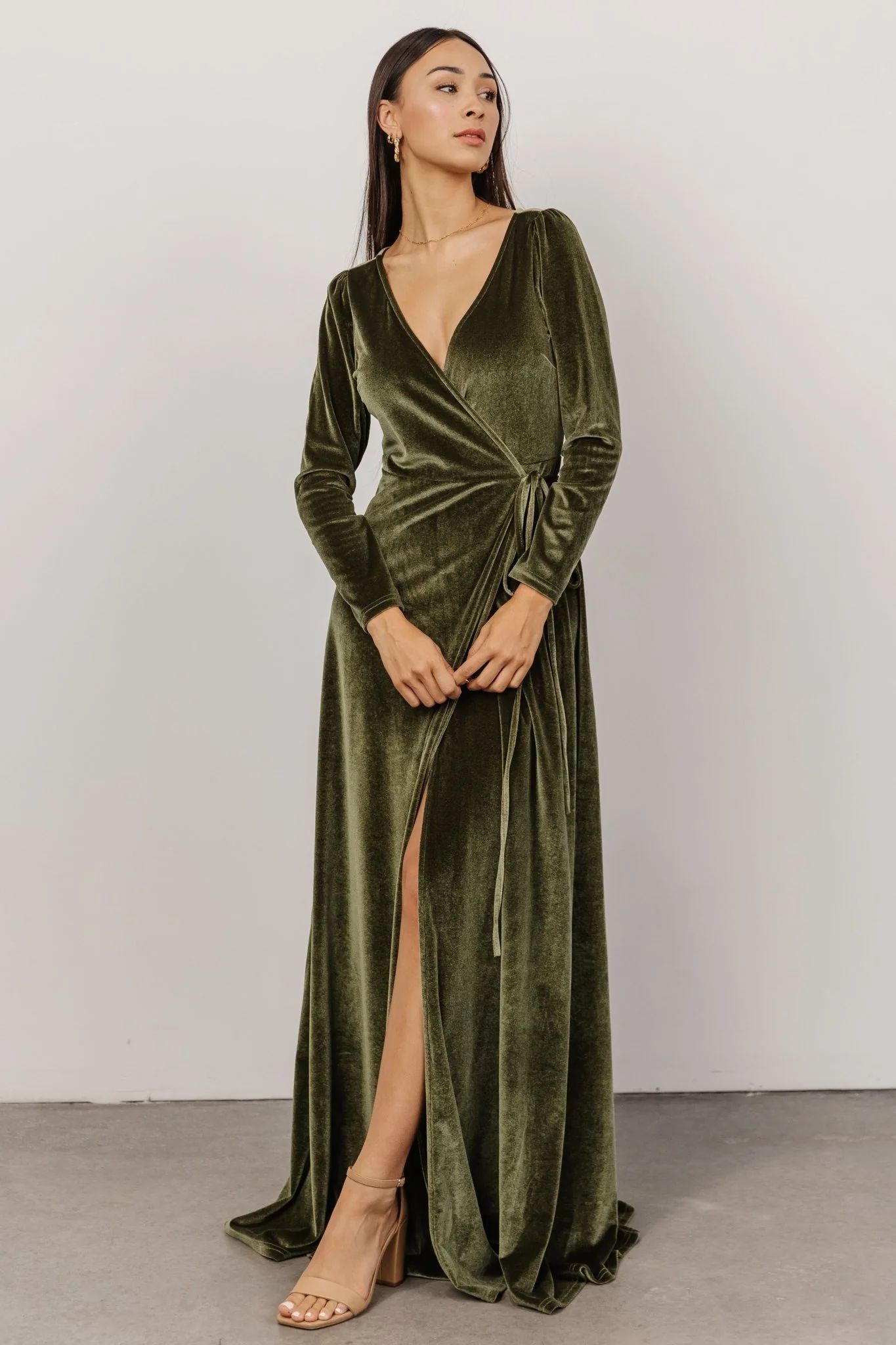Esmerelda Velvet Wrap Maxi Dress | Olive | Baltic Born