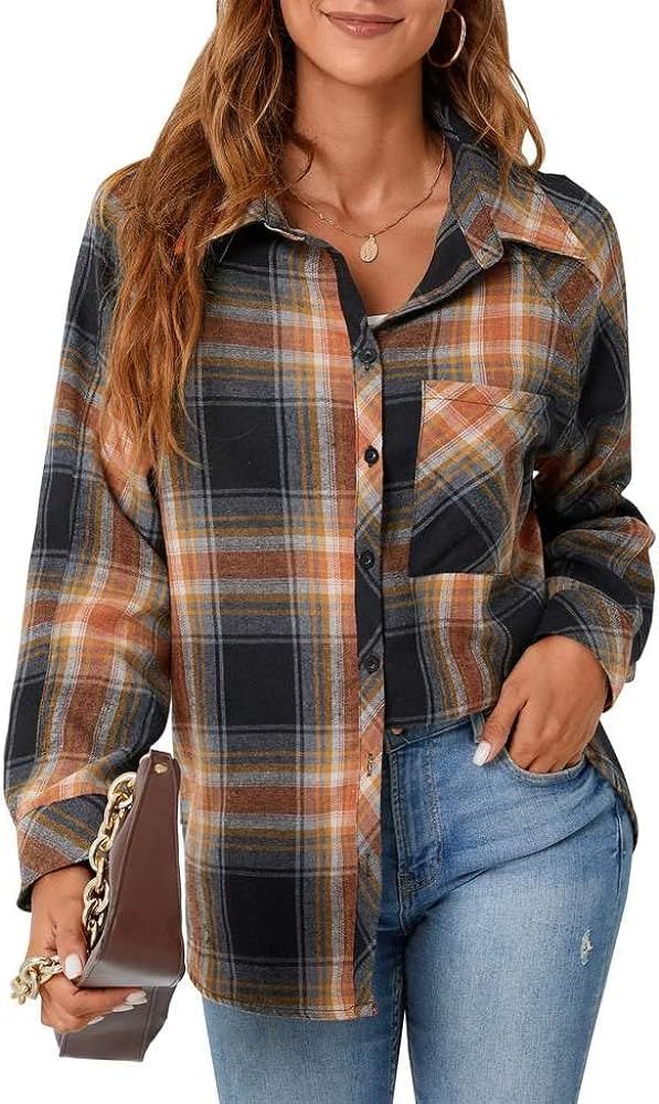 Womens Long Sleeve Shirts Flannel Plaid Tops 2023 Button Down Casual Fall Outfits Shacket | Amazon (US)