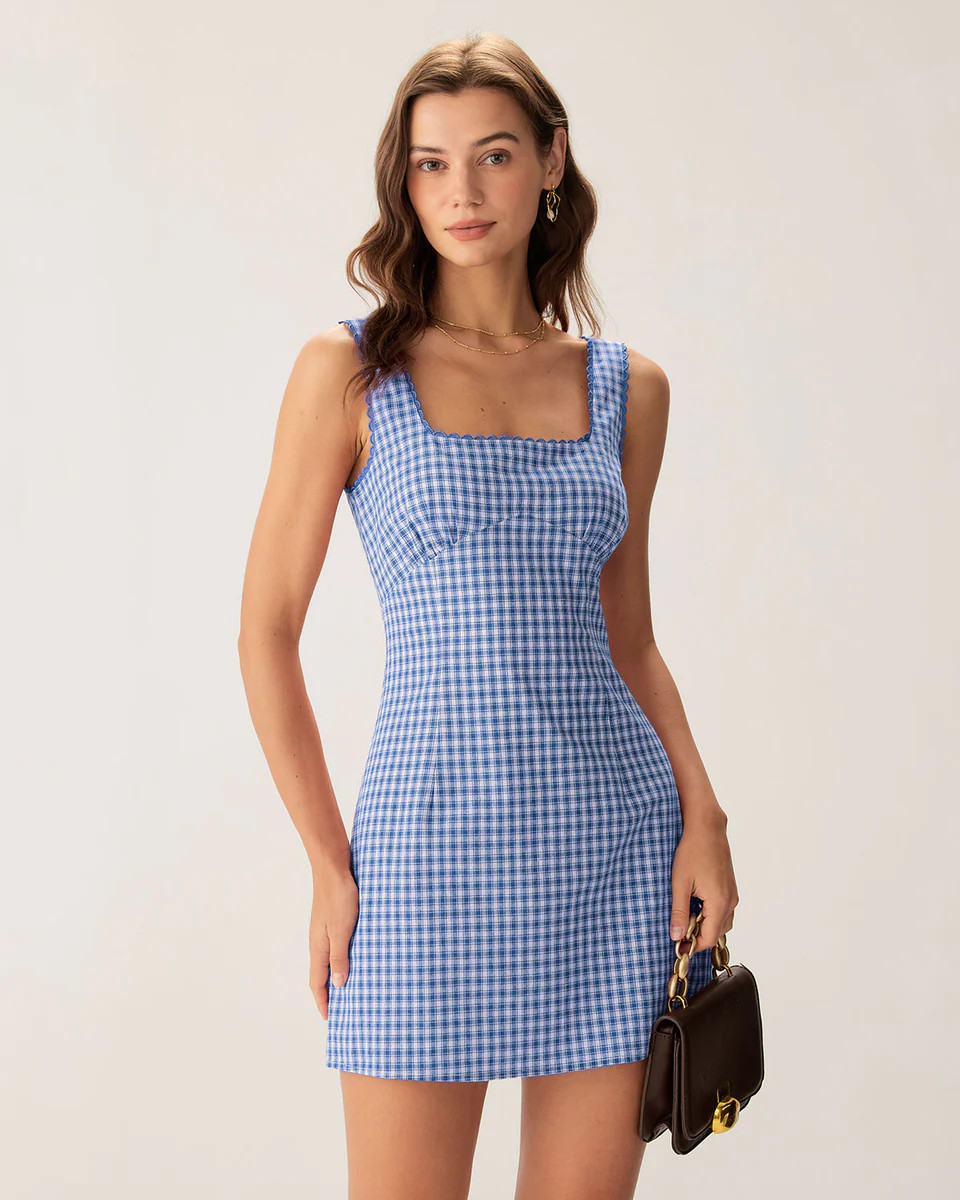 Blue Plaid Square Neck Slip Mini Dress & Reviews - Blue - Dresses | RIHOAS | rihoas.com