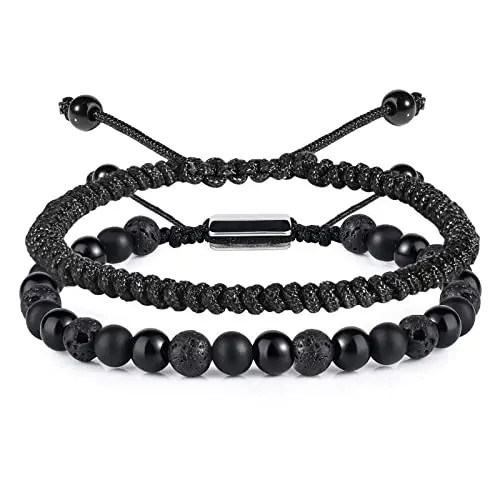 Black Beaded Bracelets for Men Boys - 6mm Obsidian Onyx Lava Beads Mens Bracelet Set for Couples ... | Amazon (US)