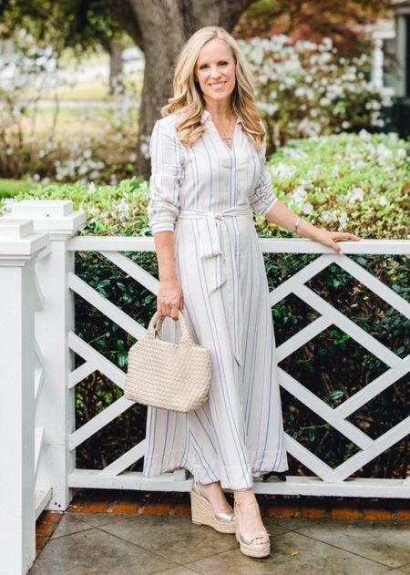 

Simple and chic look for end of Summer and fall transition. The perfect midi shirt, dress, pairs beautifully with these gold espadrille wedges and neutral mini tote! 

#LTKstyletip #LTKover40 #LTKSeasonal