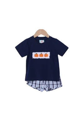 Smocked Pumpkin Blue Plaid Short Set | The Smocked Flamingo