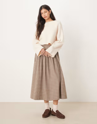 AWARE full tie waist detail skirt in beige and brown mini check print | ASOS | ASOS (Global)
