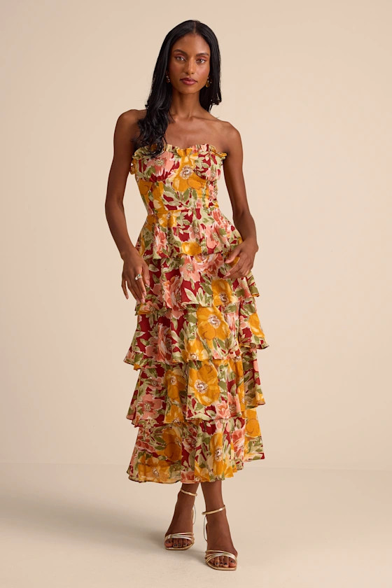Nahya Yellow Multi Floral Strapless Tiered Midi Dress | Lulus