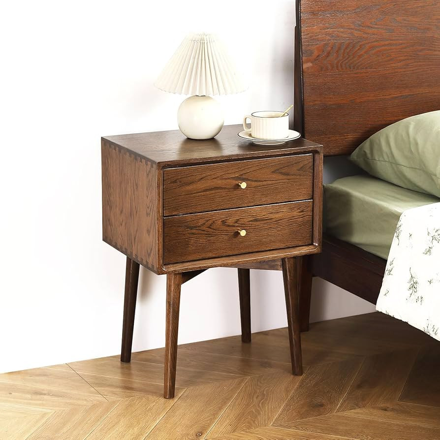 Mid Century Modern Nightstands, Oak Bedside Table Solid Wood End Table with Drawers Real Wooden C... | Amazon (US)